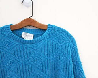 vintage 80's Teal Blue Diamond Geometric Textured Slouchy Jumper Pull Over Sweater // Estimated Size S M // Billie Jo