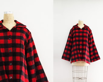 vintage 70's Stephanie K by Koret Buffalo Plaid Red & Black Ladies Wool Jacket Wide Sleeves Swing Coat Button Down // Estimated Size M L