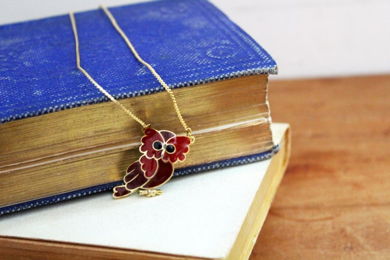 vintage 70s Cutest Little Red & Maroon Owl Pendan… - image 2