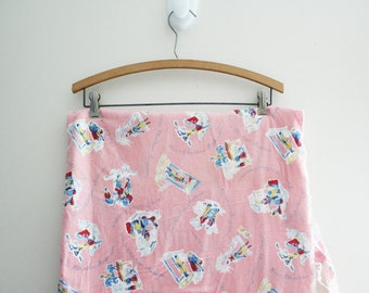 vintage 50's Bubblegum Pink Hans Christian Andersen Children's Fairy Tales Novelty Flannel Fabric Retro Dolly Clothes Material 36W 3.5 Yds