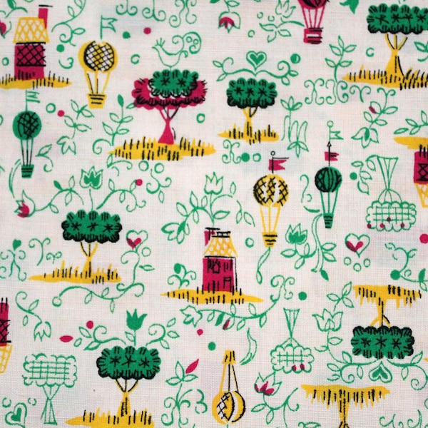 Vintage 60s Whimsical Hot Air Balloons & Trees Novelty Print Fabric 45W 2 Yards
