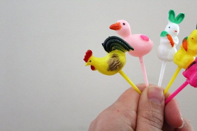 vintage 50s Instant Collection 5 Colorful Easter Bunny Ducks Chicks Plastic Cupcake Cake Toppers Retro Spring Easter Decor