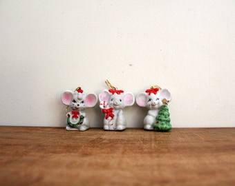 vintage 90's Trio of Christmas Ceramic Mice Mouse Candy Cane Tree Ornaments Holiday Decor Shelf Sitter Figure Figurines