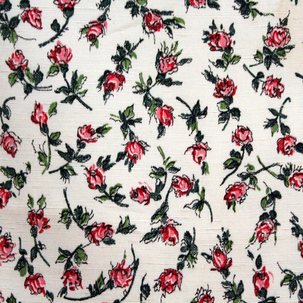 STAINED REMNANT vintage 50s Pink Rose Buds Flower Floral Pattern Synthetic Upholstery Fabric // 45W x 48L