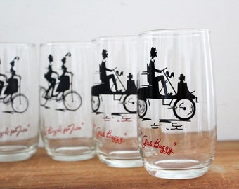 vintage 50s Set of 6 "Gas Buggy" & "A Bicyle for Two" Clear Glass Beverage Glasses // Anchor Hocking