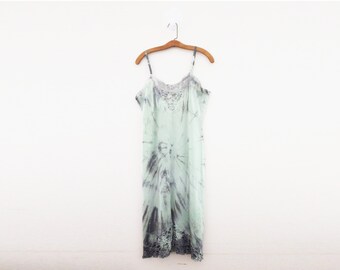 vintage 50s Corsage Festival Slip Vestido Reciclado a mano teñido chocolate menta verde tie dye tamaño 38