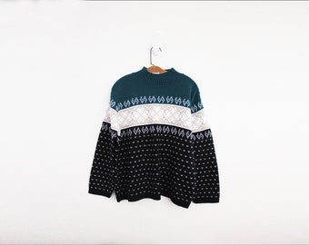 vintage 90's Bobbie Brooks Winter Sweater Hunter Green Tan & Black Heart Pattern Ladies Pull Over Jumper Size L XL
