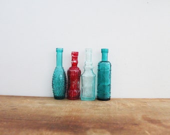 vintage 70's 5 Inch Bottles Miniatures  Mixed Instant Collection 4 Colored Glass Bottles // Blue Green Red