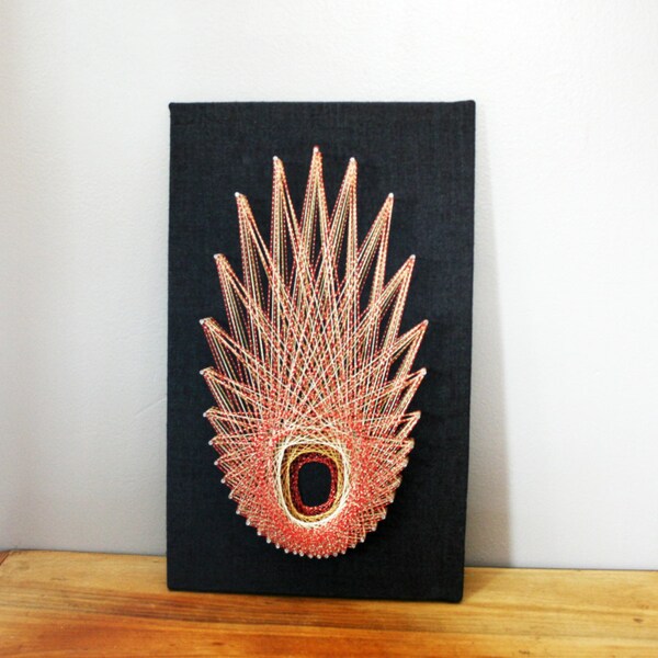 vintage 70s Geometric Abstract Red & Gold String Art Wall Hangings- Mid Century Room Decor