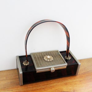 vintage 60&#39;s Tyrolean Striped Floral Faux Pearl Decorated Unusual Opening Tortoise Lucite Handbag Box Purse