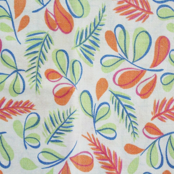 SEWN PIECES vintage 40's Melon Green & Peach Leaves Feathers Novelty Print Feedsack Fabric Remnants for Quilting