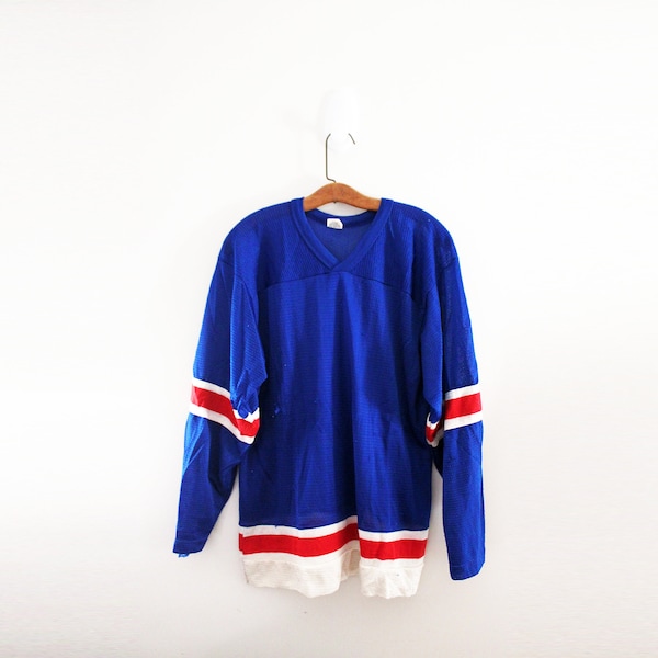 vintage 70s Wilsons Mens Blue Red & White Hockey Sweater Shirt Athletic Jersey Shirt Long Sleeve- S Halloween Costume Only