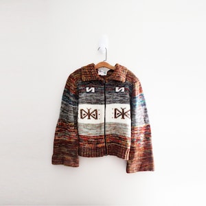 vintage 70's Sultra Striped Butterfly Pattern Rust Brown Stone Gray Earth Tones Variegated Zip Up Bell Sleeve Cardigan Sweater Sz S M