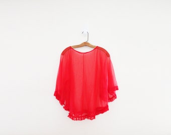 vintage 70s Sheer Lipstick Red Ladies Cropped Boxy Floaty Negligée Nightie Blouse Top with Lace Ruffle Hem & Cuffs 46" Bust
