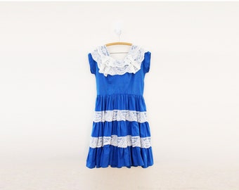 vintage 60s Bettina de Miami Cobalt Blue Square Dancing Dress Halloween Costume Lace Full Skirt Dance Dress
