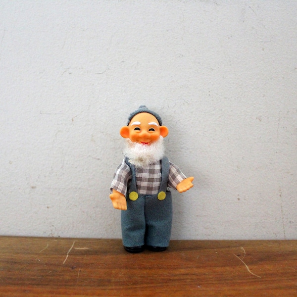 vintage 60's Rubber Face Grinning Smile Gnome Elf with Beard and Felt Overalls Pointed Hat Standing Doll Figure // Christmas & All Year