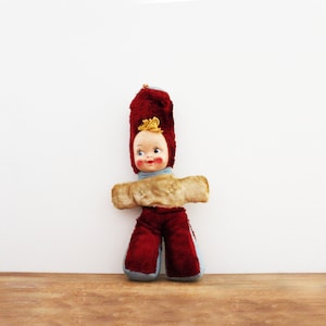 vintage 50s Rushton Era Maroon Red & Sky Blue Solider Majorette Super Weird Yarn Hair Rubber Happy Expression Face Stuffed Animal Doll Dolly