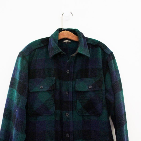 vintage 60s Green & Blue King Kole Plaid Mens Wool Button Down Shirt Coat Jacket Shacket Sz M L