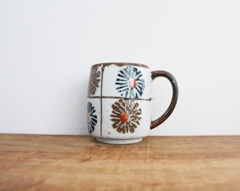 vintage 70s Mid Century Grid Window Pane Flower Floral Mod Brown & Blue Coffee Mug