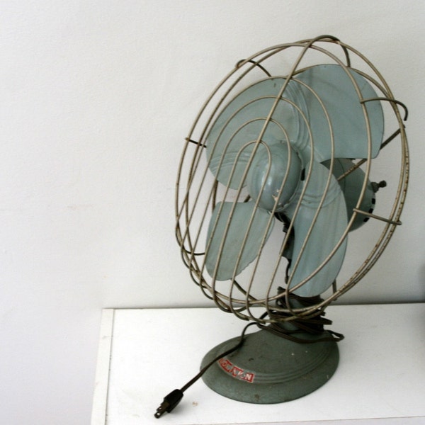 vintage 50s Industrial Dominion Slate Blue Table Fan