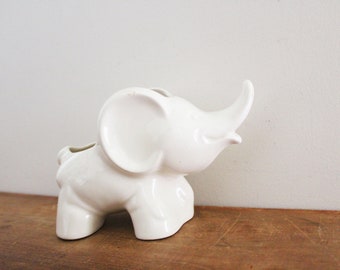 vintage 50s Sweet Little Baby White Elephant Trumpeting Made in Japan Planter // Desk Storage or Plant Holder