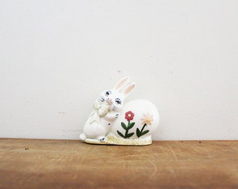 vintage 50s Strange Little Bow Tie Easter Bunny Hugs A Giant Floral Egg Ceramic Figurine  // Retro Spring Easter Décor