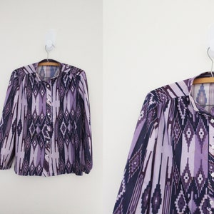 vintage 70s Purple Ikat Womens Blouse Polyester Southwest Shirt- M