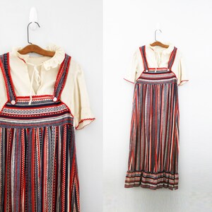 As Is Costume Appropriate vintage 70s Faux Pinafore Overalls Striped Pattern Ruffle Collar Maxi Dress