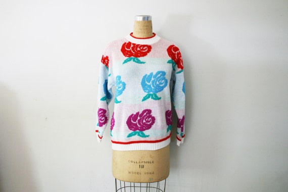 vintage 80s Super Ugly Roses Flowers Knit Acrylic… - image 3