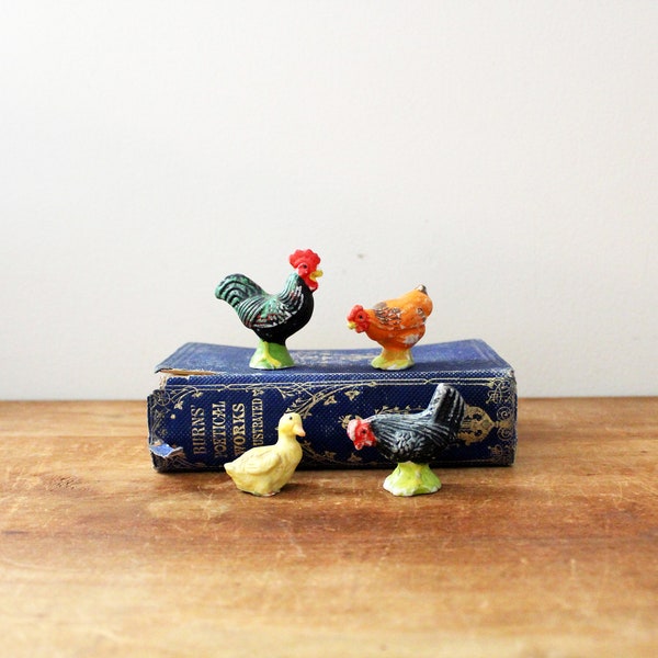 vintage 50s Chicken Roosters Hens Duckling Miniature Farm Figurines // Kitchen Home Decor // Made in Japan