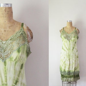AS IS vintage 50&#39;s Jean Vernon Forest Wandering Grass Green Tie Dyed Upcycled Hand Tie Dyed Full Slip Dress Size 36