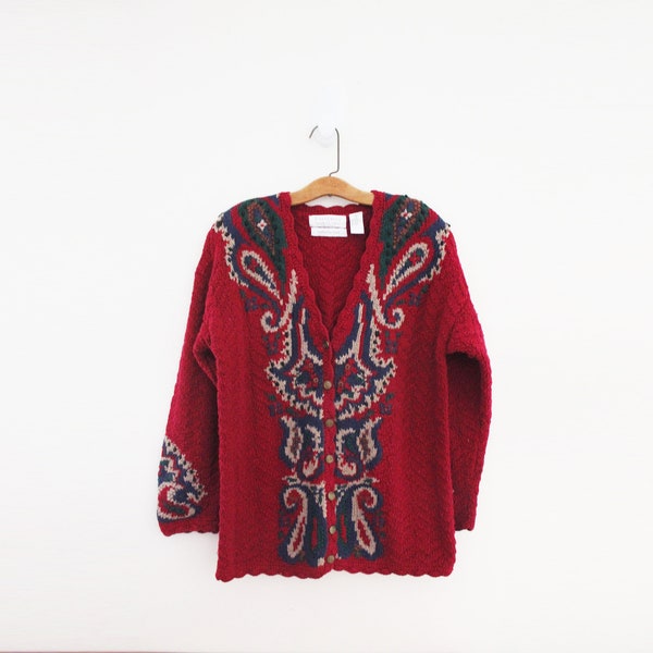 vintage 80s Portraits by Northern Isles Cranberry Red Large Paisley Motif Oversized Cardigan Sweater Novelty Jumper Sz S