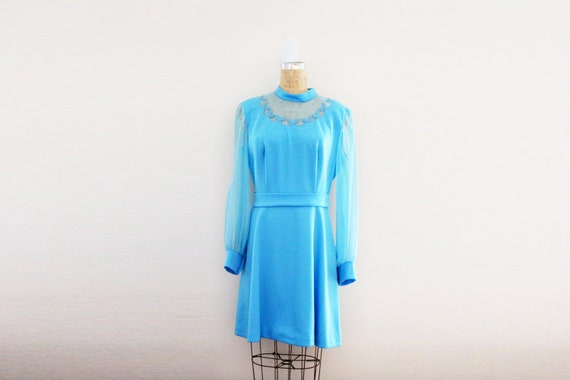 vintage 70s Sky Blue Illusion Round Neck Sheer Sl… - image 1