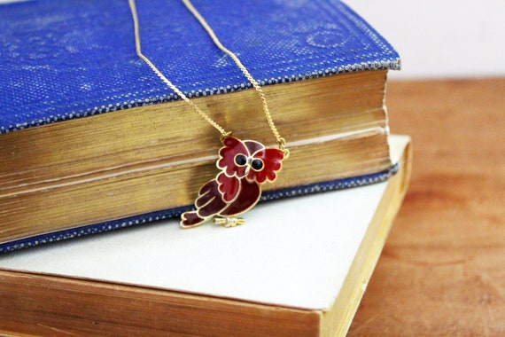 vintage 70s Cutest Little Red & Maroon Owl Pendan… - image 1