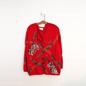 vintage 90s Blinged Out Sequin Horses & Belts Equestrian Red Rayon Blend Button Up Cardigan Sweater Sz M L