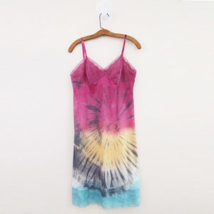 vintage 60s Upcycled Hand Dyed Tie Dye Ombre Tropical Sunset Mango Teal & Fushia Vanity Fair Full Slip Dress