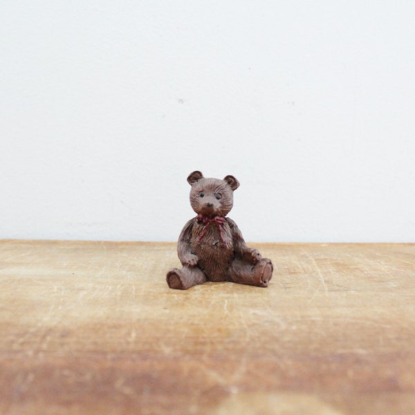 vintage 80s Little Brown Teddy Bear Figurine with Red Bow // Cutest Little Shelf Sitter // Marked J.W. '84