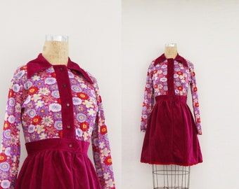 vintage 60s Super Mod Magenta Brushed Polyester Flower Power Collar Groovy Frock Ladies Dress Size 28 Waist