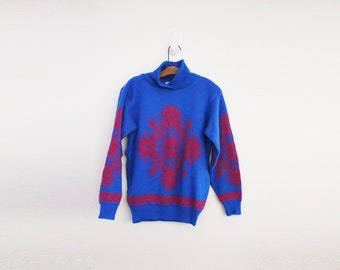 vintage 80s Ski Lodge Weekend Cobalt Blue & Red Shawl Collar Winter Snowflake Print Sweater Size S M