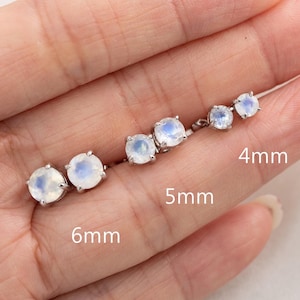 Natural Moonstone Stud Earrings: Sterling Silver Prong Setting, Natural Gemstone Round Studs