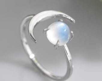 Crescent Natural Moonstone & Larimar Ring: Adjustable Silver Gemstone Celestial Ring