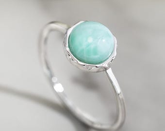 Natural Larimar and Moonstone Ring: Adjustable Silver Gemstone Bezel Setting