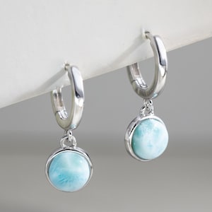 Natural Larimar Earrings, 925 Sterling Silver Hoop Earrings, Larimar Jewelry, Blue Gemstone Earrings, Unique Birthday Gift, Christmas Gift
