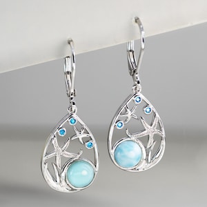 Natural Larimar Earrings, 925 Sterling Silver Hoop Earrings, Larimar Jewelry, Blue Gemstone Earrings, Unique Birthday Gift, Christmas Gift