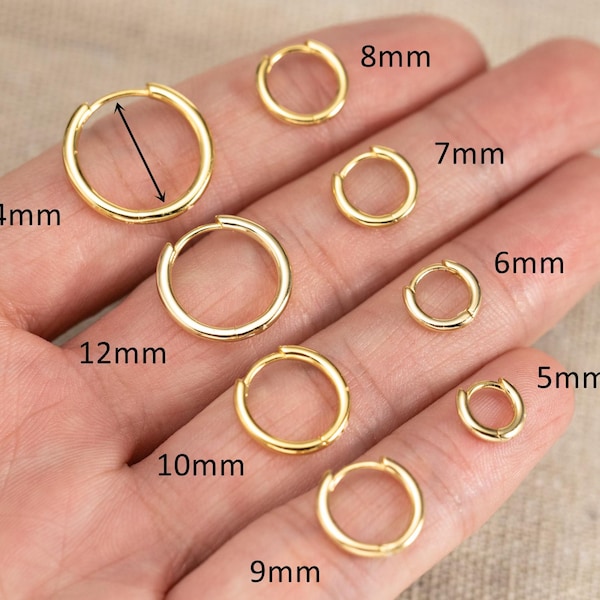 14K Gold Plated Sterling Silver Hoop Earrings, Hinged Clicker Helix Huggie Cartilage Piercings