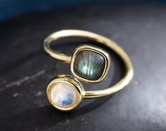 Anillo de labradorita con piedra lunar natural: anillo de bisel ajustable de cobre y oro de 14 k