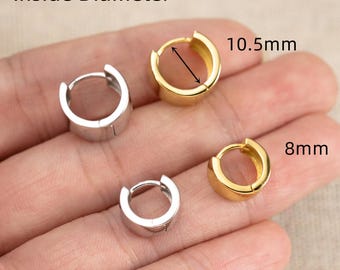 Sterling Silver Thick Chunky Hoop Huggie Earrings, 14K Gold Hinged Clicker Cartilage Piercings