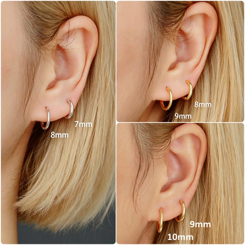 May include: A set of small hoop earrings in silver and gold tones. The silver hoops are labelled 7mm and 8mm. The gold hoops are labelled 8mm, 9mm, 9mm, and 10mm. These thin, circular metal earrings are shown worn in earlobes to demonstrate size variations.