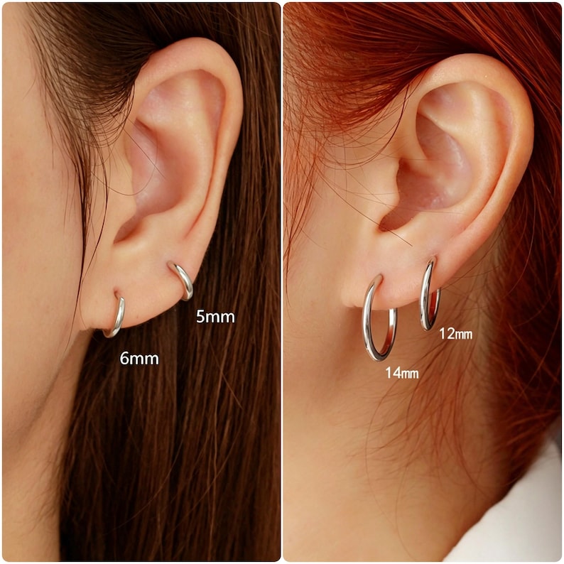 May include: A set of four silver-toned hoop earrings in varying sizes. The earrings are labelled with their respective diameters: 5mm, 6mm, 12mm, and 14mm. These circular metal hoops feature a smooth, polished finish and a simple, continuous design.