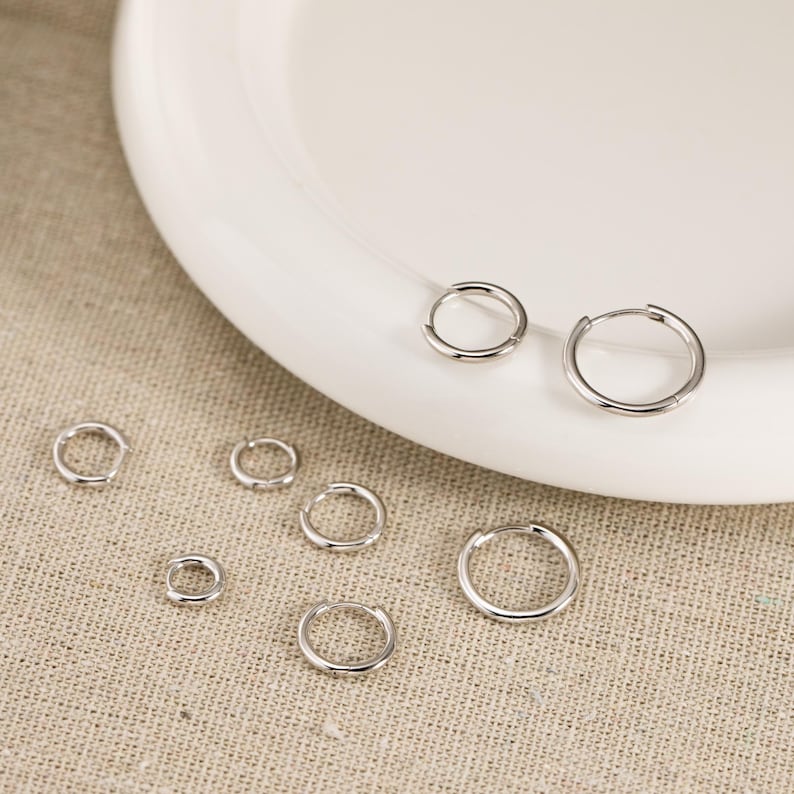 Sterling Silver Hoop Huggie Earrings Set, 14K Gold Hinged Helix Cartilage Piercing Everyday Wear image 7